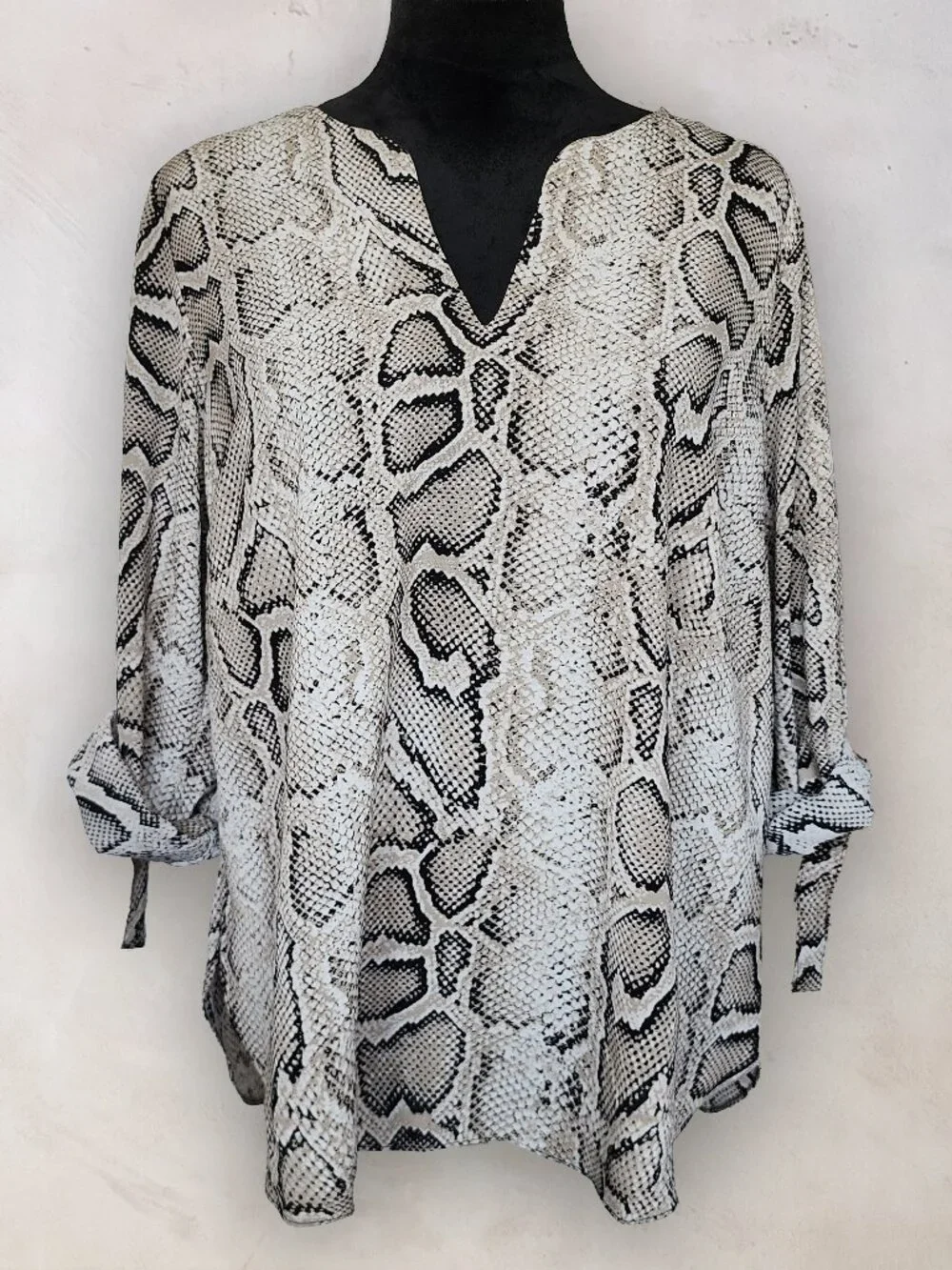 MICHAEL KORS Snakeskin Python Print Notch Neck Roll Tab Blouse Top